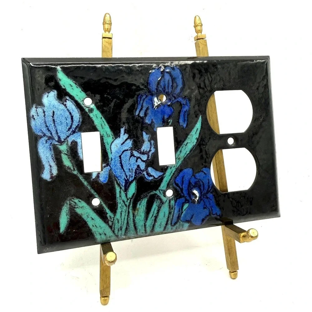 Handcrafted Enamel Over Metal Iris Switch Plate Cover Blue Floral Adrienne Blum